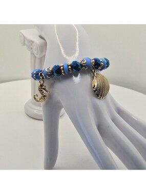 Nautical Charm Bracelet With Blue Beads & Gold Sea-Themed Charms Starfish Seahor